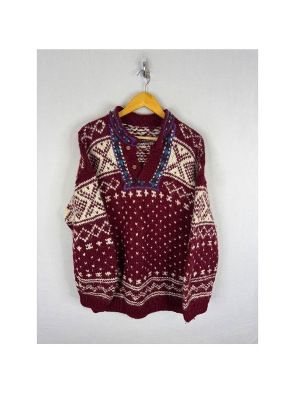 Handmade Wool Fair Isle Nordic Henley Sweater Burgundy Cream XL